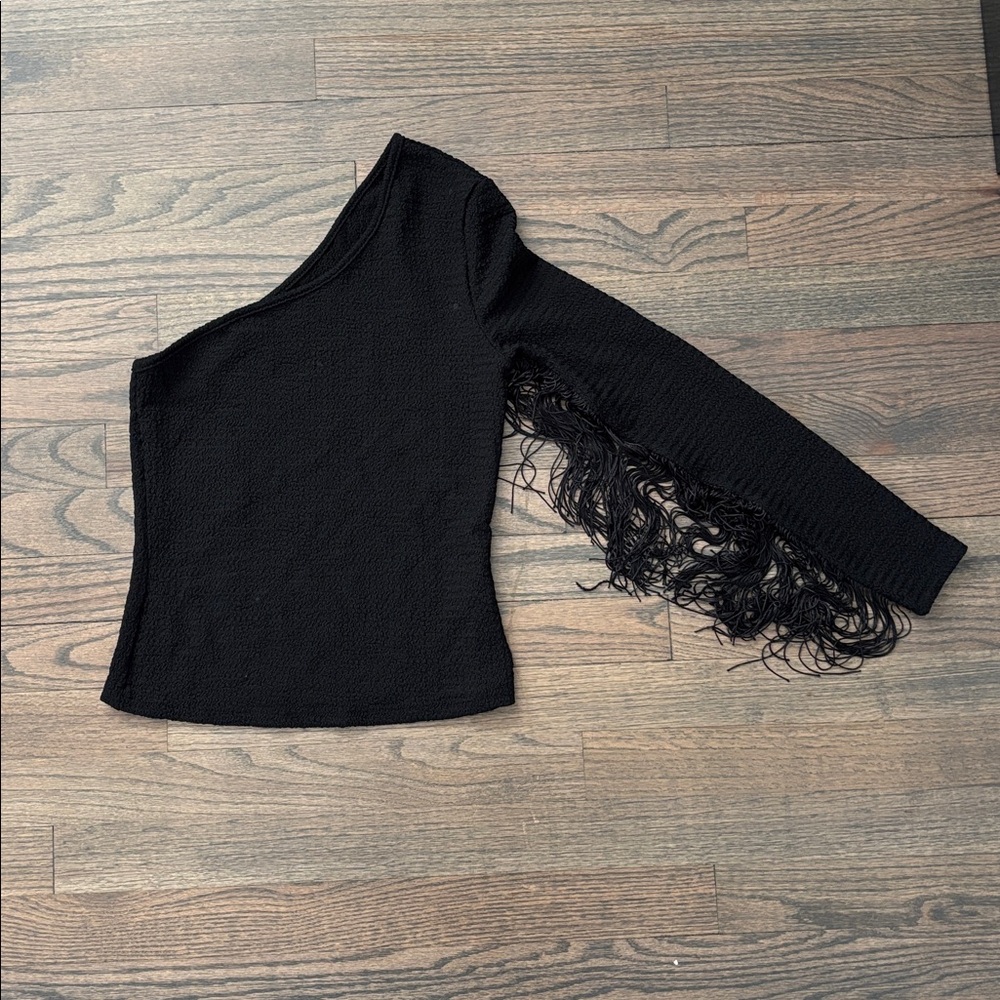 SHEIN Black One-Shoulder Fringe Top
